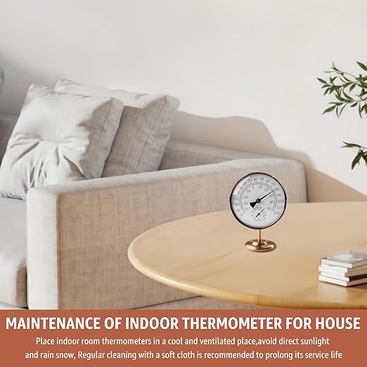 4-Inch Indoor Thermometer and Humidity Gauge, Room Analog Temperature and Humidity Monitor, Dual Scale Display, Brass Dial with Stand, Battery-Free for House, Home, Desk, Bedroom, Garage, RV