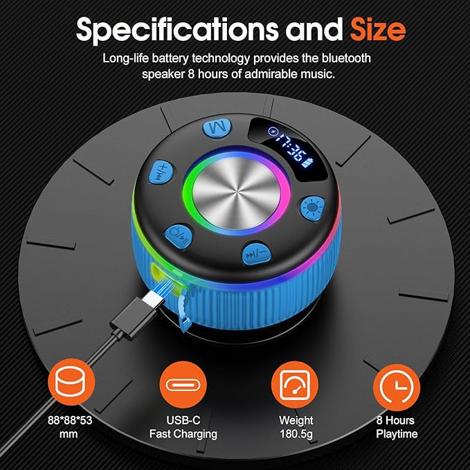 Bluetooth Shower Speaker, Portable Bluetooth 5.3 Speakers Wireless with Time Display, IP7 Waterproof Speakers with RGB Light, Suction Cup, Mini Stereo Speaker for Bathroom Party Beach Outdoor, Blue