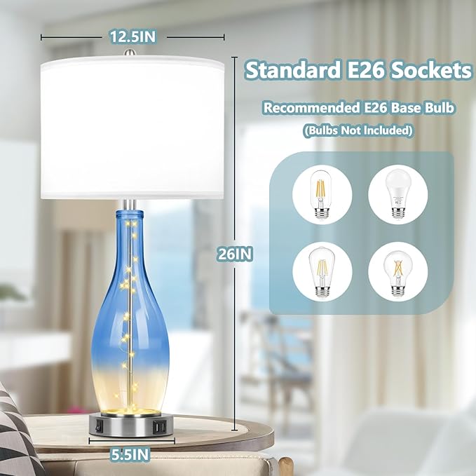 BesLowe 26in Tall Glass Table Lamps Set of 2 with 2 USB Charging Ports & LED Nightlight, Large Coastal Table Lamps for Living Room End Table, Modern Beach Lamps for Bedroom Bedside Nightstand, Blue