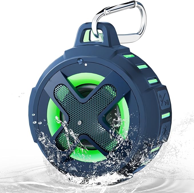 XLEADER X8, Upgraded, Portable Bluetooth Speaker, Certified IP67 Waterproof Shower Speaker, Silicone Case, 10W Bass, 24Hrs Playtime, Small, Floating, RGB Lights, Clip, for Pool Beach Kayak, Sea Blue