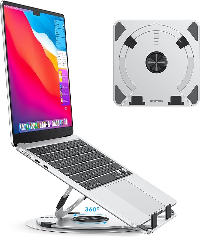 OMOTON Portable Laptop Stand for Desk, Ergonomic Computer Stand with 360° Rotating Base, 5-Level Adjustable Aluminum Foldable Mount, Compatible for 10-15.6" Laptops