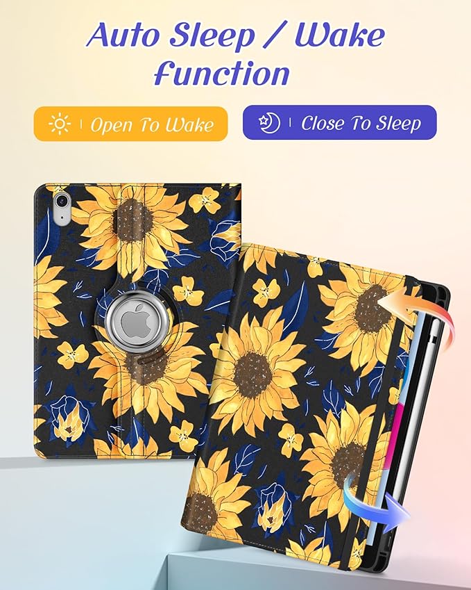 Kidcube for iPad 10th Generation Case 2022, for iPad (A16) Case 11th Generation 2025 - Women Girls Cute Rotating Stand Folio Cover with Pencil Holder & Card Slot Girly Kawaii Sunflower Design Cases