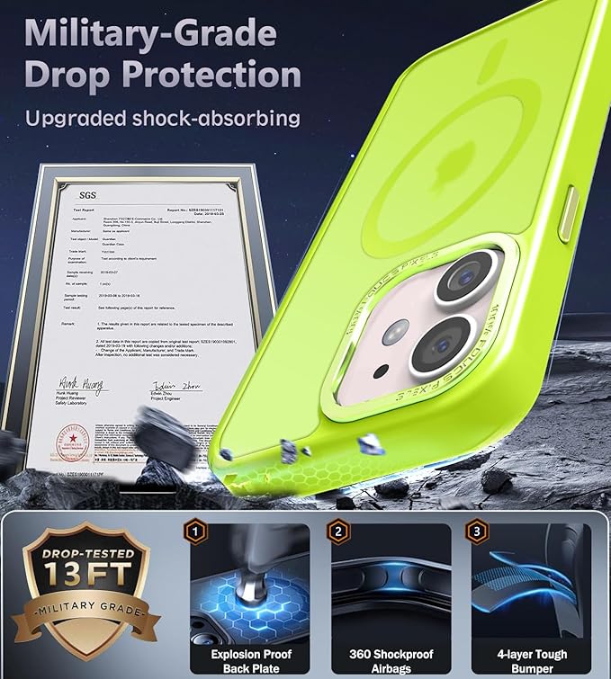 Newfuture Designed for iPhone 11 Case with Strong Magnetic [13 FT Military Drop Protection] [Compatible with Magsafe] Translucent Matte Shockproof with Anti-Fingerprint Phone Case, Fluorescent Green