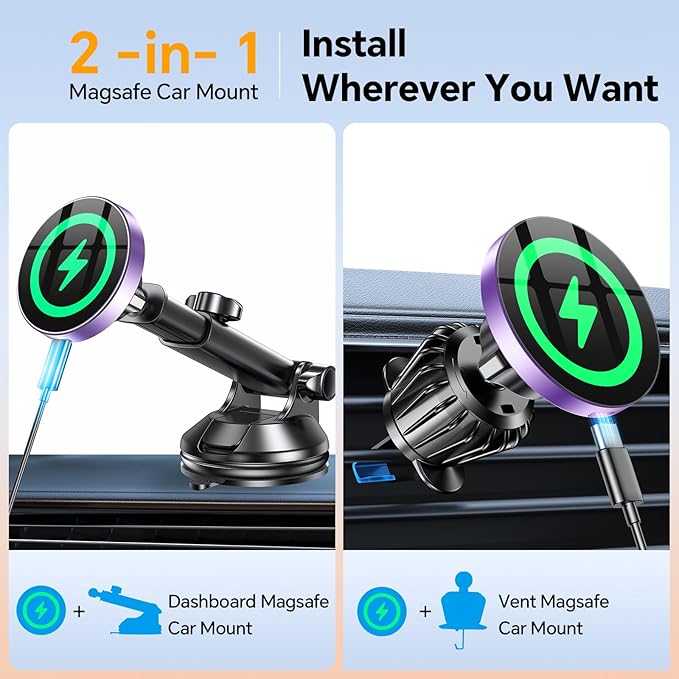 Coolpow for MagSafe Car Mount Charger【Ultra Magnet】 Magnetic Phone Holders for Your Car Charger【Windshield+Vent+Dash】 Magnetic Wireless Car Phone Holder Charger Car Mount for iPhone 17 (Purple)