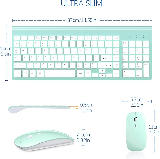 TopMate Wireless Keyboard and Mouse Ultra Slim Combo, 2.4G Silent Compact USB 2400DPI Mouse and Scissor Switch Keyboard Set with Cover, Batteries Included, for PC/Laptop/Windows/Mac - Mint Green