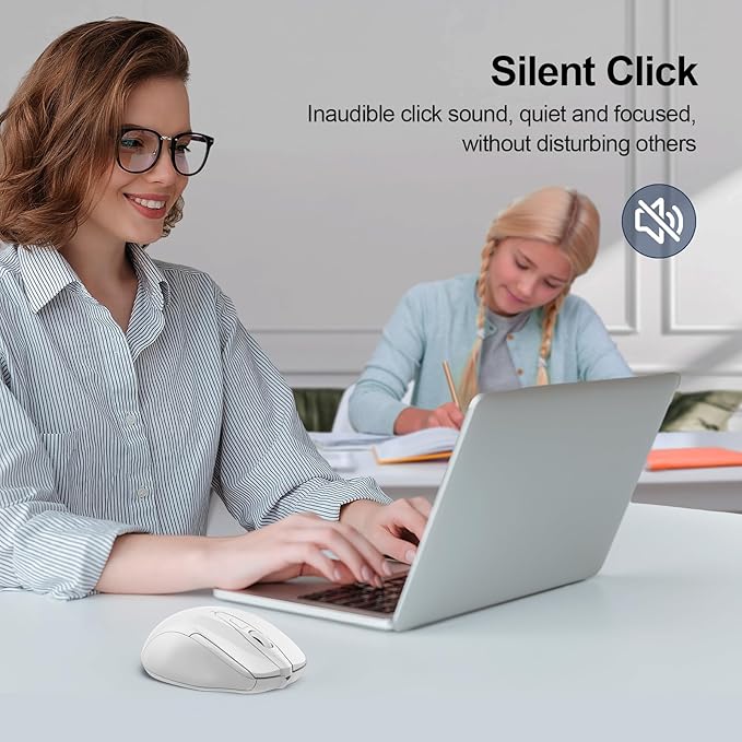 TECKNET Wireless Mouse (2.4G & BT5.0/3.0) Silent 4800 DPI Computer USB A & Bluetooth Mouse 6 Buttons, Wide Compatibility - White