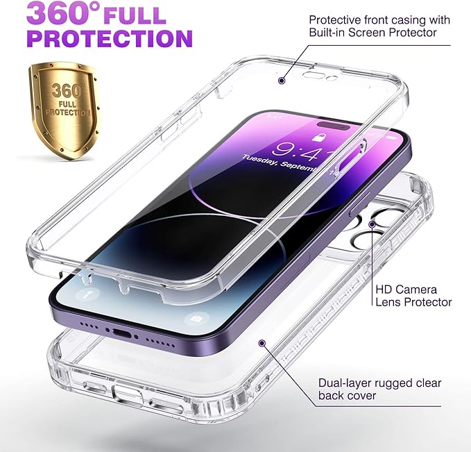 Diaclara Designed for iPhone 14 Pro Max Case, Full Body Rugged Case with Built-in Touch Sensitive Anti-Scratch Screen Protector, with Camera Lens Protector for iPhone 14 Pro Max 6.7" (Clear)
