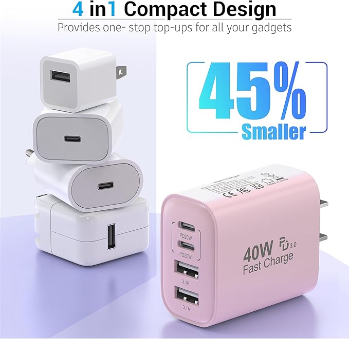 TT&C 40W USB C Charger Block, 4-Port Fast Charging Block (2 USB-C + 2 USB-A), Compact Multi-Device Wall Plug Adapter for iPhone 17,16,15,14, Pro Max, Samsung Galaxy S24/S23, Travel & Home (Pink 1Pack)