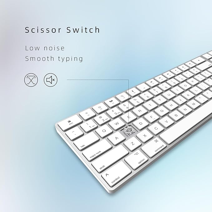 Bluetooth Slim Keyboard for Mac, Aluminum Rechargeable Keyboard Wireless, Low-Profile Silent Flat Key Compatible with Apple iMac, MacBook, Mac and iOS, Full Size - Silver White