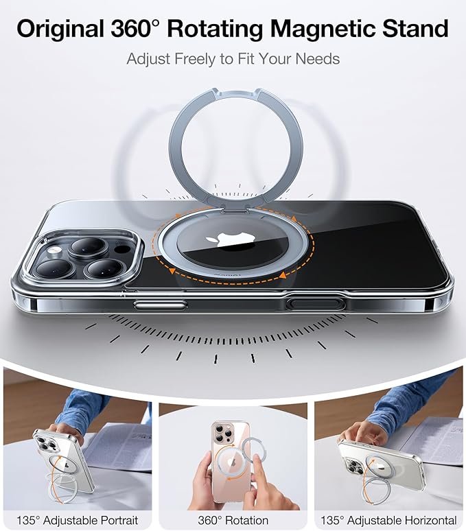 TORRAS Upgraded 360 Rotatable Magnetic Ring for iPhone 16 Pro Max Case, Fit for MagSafe with Stand Ring Holder, 16FT Mil- Grade Shockproof Translucent for iPhone 16 Pro Max Phone Case Ostand, Clear