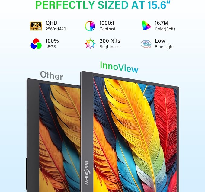 InnoView 2K Portable Monitor 15.6" QHD 100% sRGB, Built-in 180° Adjustable Stand Travel Monitor USB C Standard HDMI Ultra-Slim Portable Monitor for Laptop MacBook Phone PS Xbox Switch