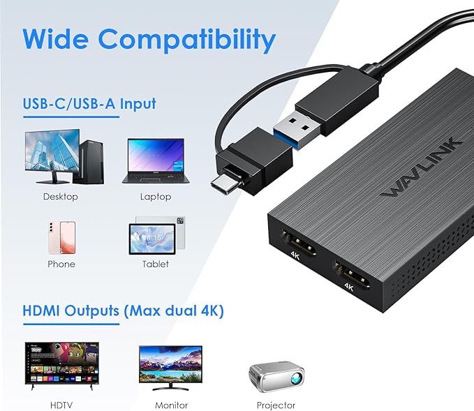 WAVLINK USB 3.0 or USB C to Dual HDMI 4K@60hz Splitter Extended Display for Dual Monitor, Displaylink Adapter Two HDMI 4K 60Hz for Apple Mac M1-M5/Macbook Neo or Windows 10/11,Driver Required