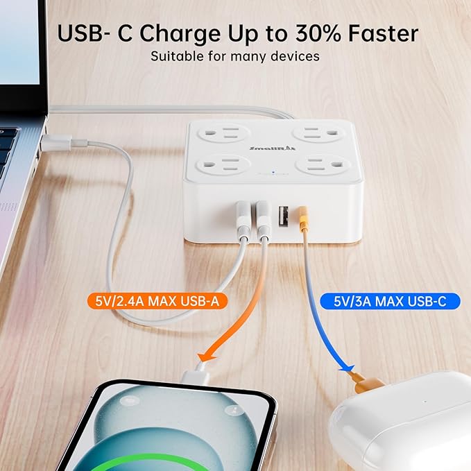 10Ft Power Strip with Surge Protector, 8 Outlets 4 USB Ports Extension Cord, Flat Plug Charging Station for Home Office Desk & College Dorm Essentials, White