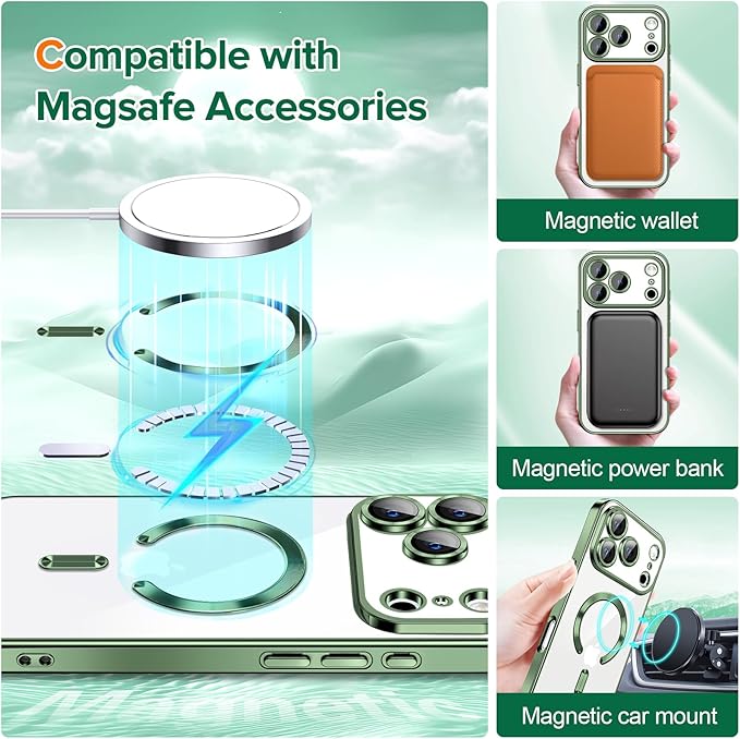 Hython Magnetic Clear for iPhone 17 Pro Case with Camera Lens Protector [Compatible with MagSafe] Luxury Plating Edge Slim Soft TPU Cover Protective Phone Case for iPhone 17 Pro 6.3", Deep Green