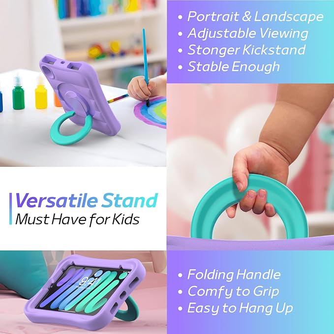 Kids Case for iPad mini 7 (A17 Pro) 2024 / Mini 6th Gen 2021 8.3 inch – Lightweight Flexible Shockproof Rotating Stand Handle Rugged Cover for iPad mini 7th 6 Generation Girls Boys, Purple