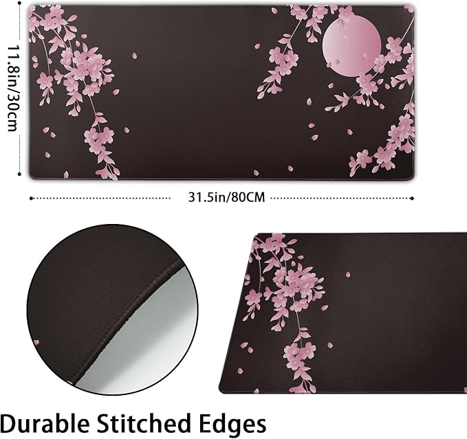 Sakura Cherry Blossom Extended Gaming Mouse Pad Non-Slip Rubber Base Pink Large Mousepad 31.5x11.8in with Stitched Edge Waterproof Flower Keyboard Pads Black Desk Laptop Mats for Work/Game/Office