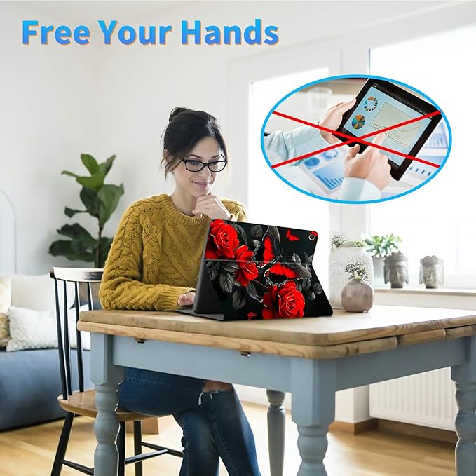 for Amazon Kindle Fire 7 (12th Generation, 2022 Release) 7" Tablet Case, Slim Kickstand Stand Leather Smart Cover with Auto Wake/Sleep, Red Rose Butterfly