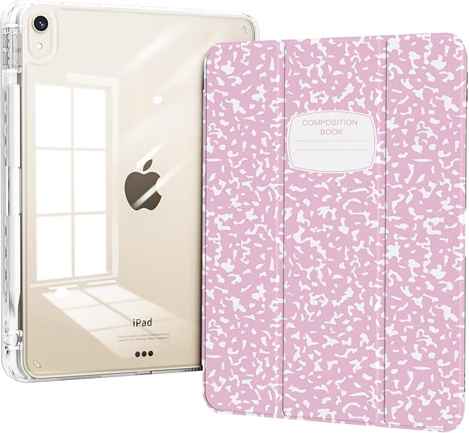 for iPad Air 11 Inch Case M4/M3/M2 (2026/2025/2024), iPad Air 10.9" 5th/4th Generation Case 2022/2020 with Pencil Holder, Slim Trifold Stand Clear Back Cover, Pink Composition Book