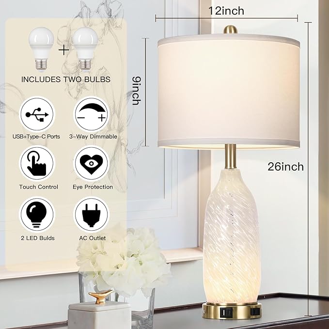 Rinweey 26" Modern Clear Glass Table Lamps Set of 2,Nightstand Lamp with USB A+C Ports & AC Outlet,Bedside Lamps with 3-Way Dimmable Touch Control Night Light for Bedroom Living Room(Bulbs Included)