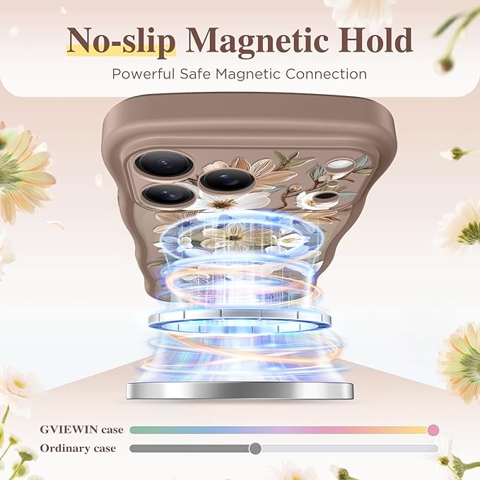 GVIEWIN for iPhone 17 Pro Case Compatible with MagSafe [Curly Wave Edge][Full Camera Protection] Floral Translucent Shockproof Magnetic Women Phone Case for iPhone 17 Pro 6.3'', Dogwood/Brown