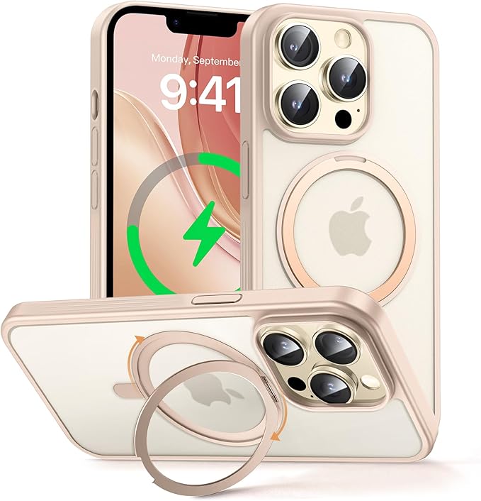 MAGIC JOHN 360° Rotatable Magnetic Invisible Stand for iPhone 14 Pro Case [Anti-Slip Grip] [Compatible with MagSafe] 16FT Shockproof for iPhone 14 Pro Case with Kickstand, Rose Gold