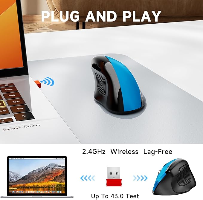 memzuoix Ergonomic Mouse Wireless,2.4G Optical Cordless Mice with 800/1200/1600 DPI,Vertical Computer Wireless Mouse for Laptop, Mac,PC,Desktop (for Right Hand, Large),Blue