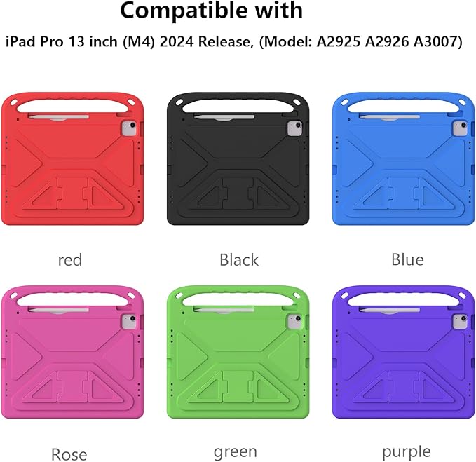 Kids Case for iPad Pro 13 inch (M5) 2025/ (M4) 2024, with Pencil Holder/Kickstand/Handle Stand Lightweight Cute Soft EVA Shockproof Silicone Anti-Slip Grip Rugged Girls Boys Cover, Blue