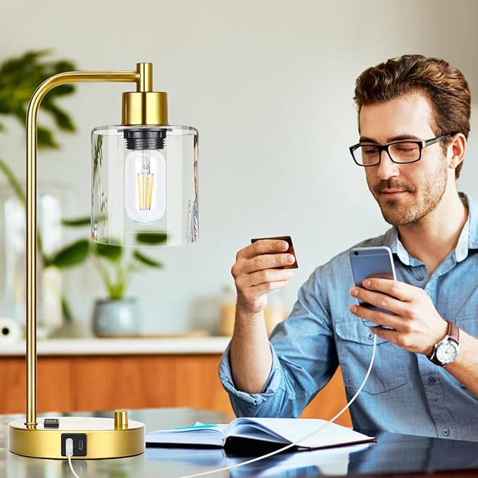 Gold Industrial Table Lamp with USB A+C Ports & Outlet, Fully Stepless Dimmable Modern Nightstand Lamp, Glass Shade Bedside Desk Lamp for Bedroom Living Room Office, 8W 2700K LED Edison Bulb Included