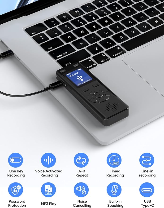Voice Recorder - 128GB 9280 Hours Voice Activated Recorder Device with Playback, Noise Reduction, MP3 Player & Password - for Lectures, Meetings, Interviews