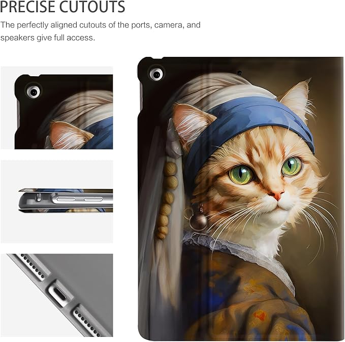 iPad 9th Generation Case, iPad 8th Generation Case, iPad 7th Generation Case, iPad case 9th Generation 10.2 inch Shockproof Multi-Angle View Adjustable Stand Auto Wake/Sleep, Cat with a Pearl Earring