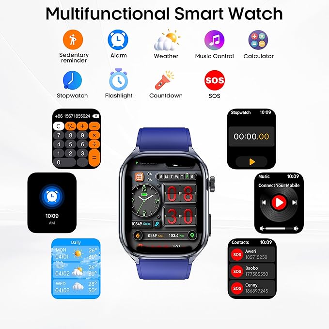 Advanced Health Smartwatch for Women Men with Real-Time Monitoring of Heart Rate, Sleep Quality and Stress Levels, Always-On Display，Bright Flashlight (Blue)