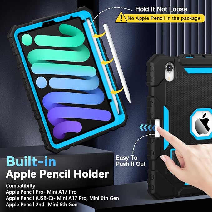 Grifobes Case for iPad mini 7 (A17 Pro) 2024 / Mini 6 2021 8.3 inch, Heavy Duty Shockproof Rugged Cover with Pencil Holder Stand, for I Pad Mini 7th/6th Gen 8.3" Case (Black+Blue)