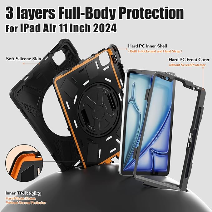 BRAECNstock Case for Apple iPad Air 11 inch (M4/M3/M2)/ Air 5th/4th Gen 10.9"/ Pro 11 inch 4th/3rd/2nd/1st Gen, Shockproof Protective Kids Case with Pencil Holder, Rotating Hand Strap & Stand, Black