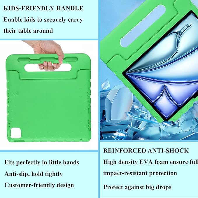Kids Case for iPad Pro 11 inch M5/M4 (2025/2024) with Pencil Holder/Convertible Handle Stand Shockproof Slim Lightweight Cute Soft EVA Heavy Duty Rugged Kickstand Cover for Children, Green