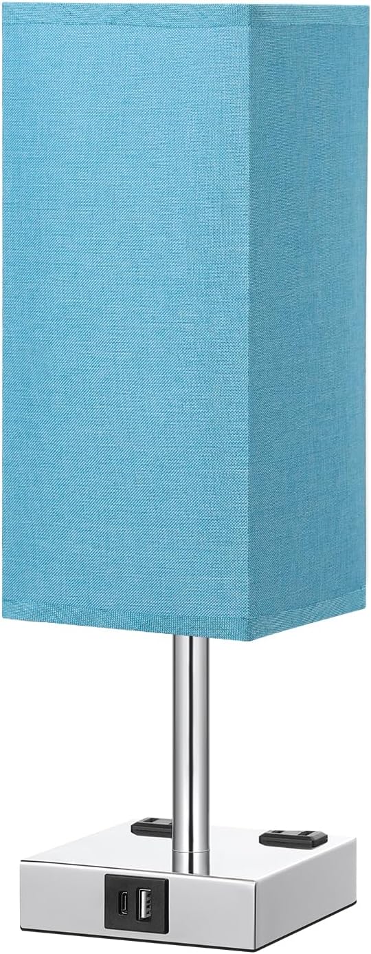 Touch Bedside Table Lamp For Nightstand - 3-Way Dimmable Night Lamp with USB A + Type C Charging Ports and two AC Outlets, Small Desk Light with E26 Bulb for Bedroom Living Room Dorm, Turquoise