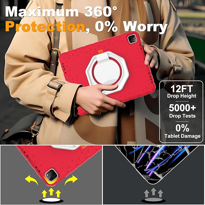 for iPad Pro 12.9 Case 6th/5th/4th/3rd Generation with 360° Rotating Stand & Pencil Holder, Heavy Duty Cute Cover for iPad Pro 12.9 inch 2022/2021/2020/2018, Red