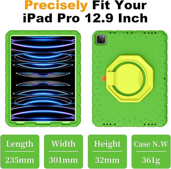 for iPad Pro 12.9 Case 6th/5th/4th/3rd Generation with 360° Rotating Stand & Pencil Holder, Heavy Duty Cute Cover for iPad Pro 12.9 inch 2022/2021/2020/2018, Green