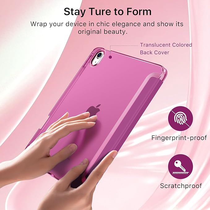 MoKo for iPad Air 11 inch Case (M4/M3/M2) 2026/2025/2024, iPad Air 5th/4th Gen 10.9 inch Case 2022/2020 with Pencil Holder, Slim Light Trifold Cover with Hard PC Translucent Back Shell, Fuchsia
