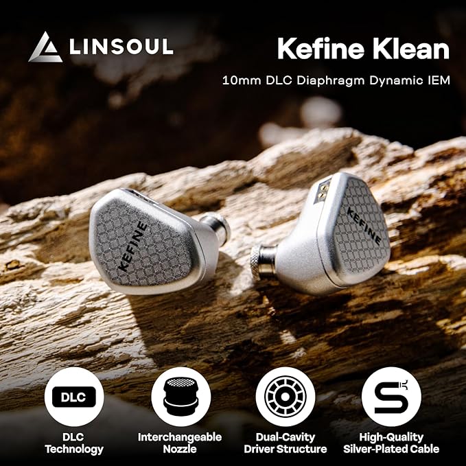 Linsoul Kefine Klean in Ear Monitor,10mm DLC Diaphragm Dynamic Driver HiFi Earphones,Wired Gaming Earbuds,Replaceable Nozzles,Detachable Silver-Plated Cable for Audiophile (No Mic 3.5mm, Silver)