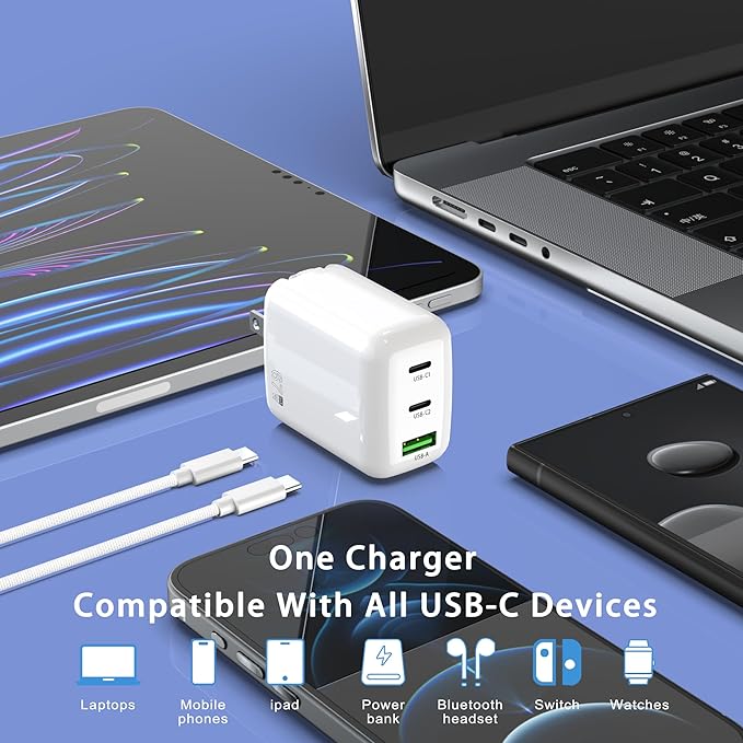67W USB C Wall Charger, 3-Port GaN Fast Charger Block,Replacement for MacBook Pro/Air, iPad, iPhone 15/14/Pro, Galaxy, Pixel, Apple Watch and More
