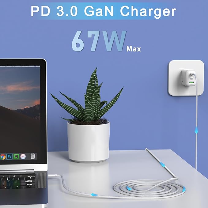67W USB C Wall Charger, 3-Port GaN Fast Charger Block,Replacement for MacBook Pro/Air, iPad, iPhone 15/14/Pro, Galaxy, Pixel, Apple Watch and More