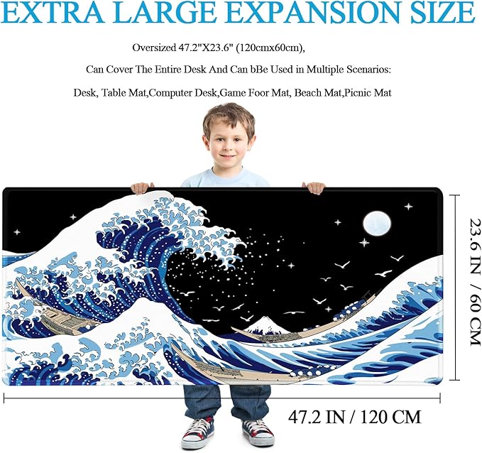 Gaming Laptop Mouse Pad,Sea Wave Big Mice Pads PC Keyboard Waterproof and Non-Slip 47.2" x 23.6" 0.15" Thick XL,XXL Rubber Table Mat, Kanagawa Surfing and Black Japanese Mouse Pads