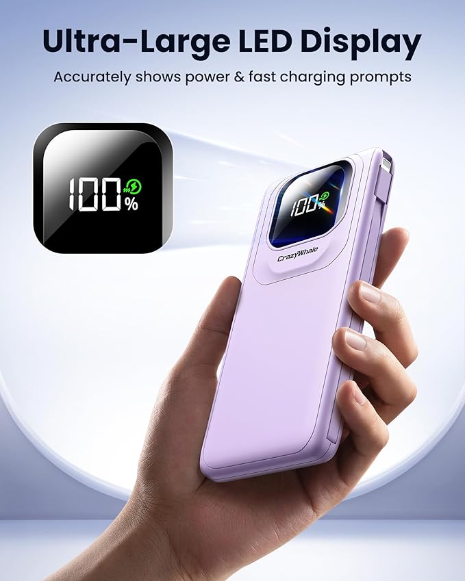 Portable Charger with Built-in Cables,22.5W Super Fast Charging Power Bank Slim Phone Charger,10000mAh Travel Battery Pack Battery Bank with Smart LED Display for iPhone, Android & USB-C (Purple)