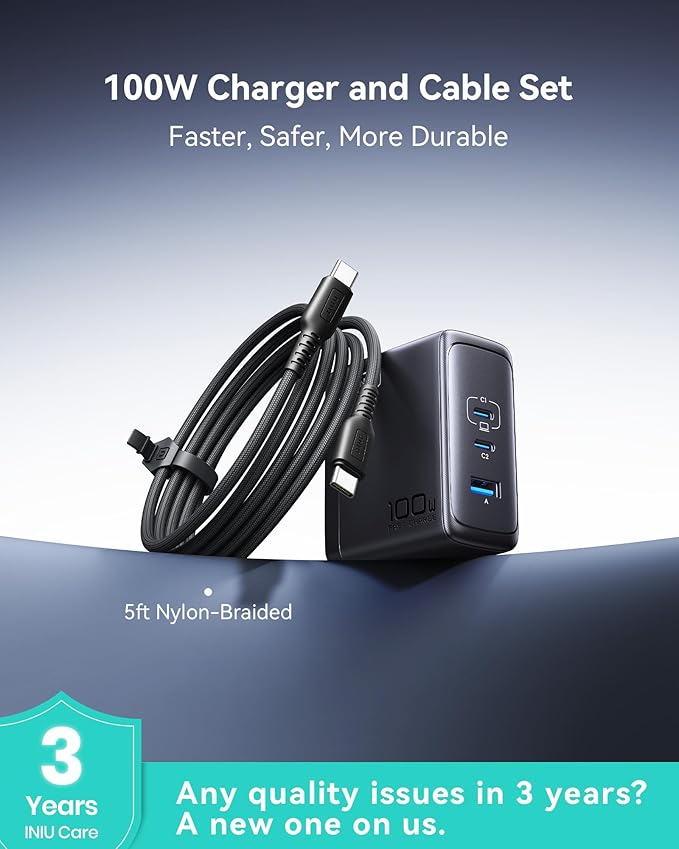 INIU USB C Charger Block, 100W GaN Fast Charging, 3-Port Compact Foldable Travel Charger with Type C Cable, Power Adapter for Mac Book Air Pro 15 14, iPhone 17 16 Pro Max Samsung S26 S24, Switch 2