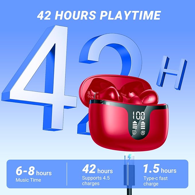 Wireless Earbuds Bluetooth 5.4 Headphones HiFi Stereo 42H Playback in Ear with 4 ENC Noise Cancelling Mic, IPX7 waterproof and LED battery display screen for Running Fitness Office Ear Buds in Red