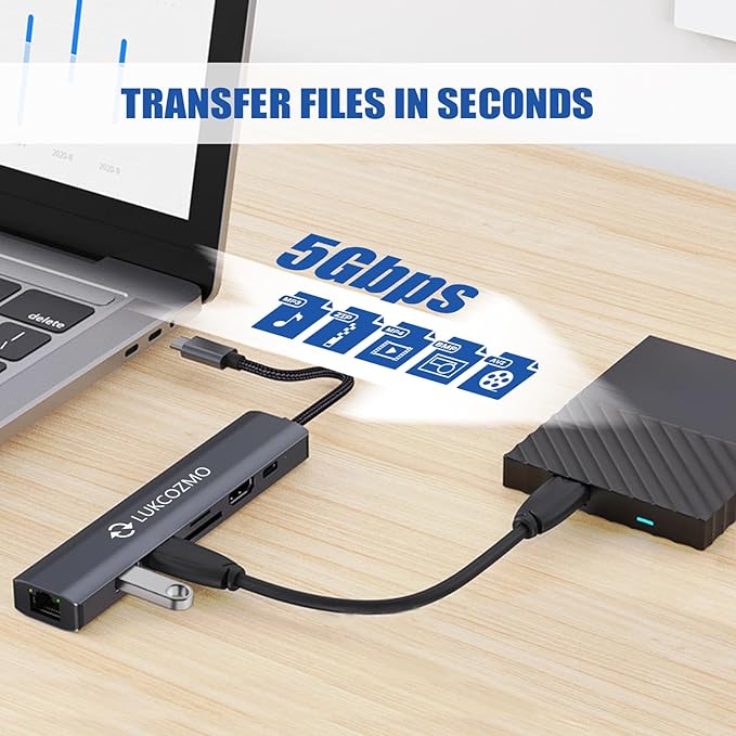 LUKCOZMO USB Hub 3.0, 7 in 1 USB Hub with 1000M Ethernet, 4K HDMI, 2 USB3.0, 100W PD, SD/TF Card Reader Docking Station Compatible with Your Cell Phone MacBook/Dell/HP/Surface/Lenovo/Steam Deck