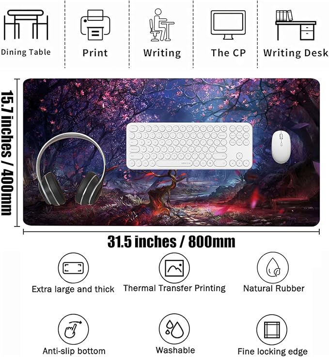 Japanese Large Gaming Mouse Pad 31.5"x15.7"｜ Forest-Themed XXL Keyboard Pad, Mouse Mat, Desk Pad, Non-Slip Rubber Base & Stitched Edges Desk Mat- Big Extended Mousepad for PC/Laptop/Office/Home Decor