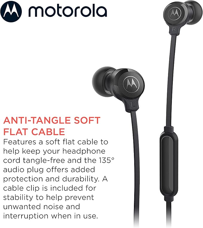 Motorola Earbuds 3-S Wired Earbuds with Microphone - Corded in-Ear Headphones, Comfortable Lightweight Silicone Ear Buds, Non-Tangle Flat Cable, 9.4mm Drivers Clear Bass Sound - Black