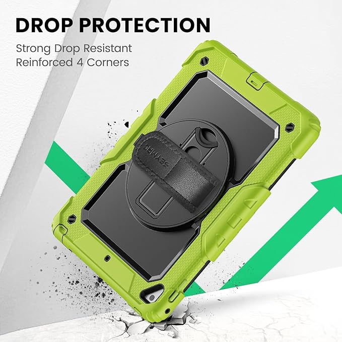SEYMAC Case for iPad 6th/5th Generation 9.7 Inch, Full-Body Shockproof Heavy Duty Protective Case with Screen Protector, Rotating Stand/Hand/Shoulder Strap for iPad Air 2/ Pro 9.7, Green