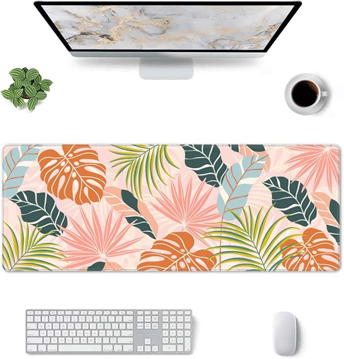 Large Gaming Mousepad, Cute Tropical Leaves with Boho Style XL Mouse Pads for Desk, Big Long Non-Slip Base Floral Extended Desk Pad for Keyboard and Mouse Gifts for Women Office Decor, 31.5*11.8 Inch